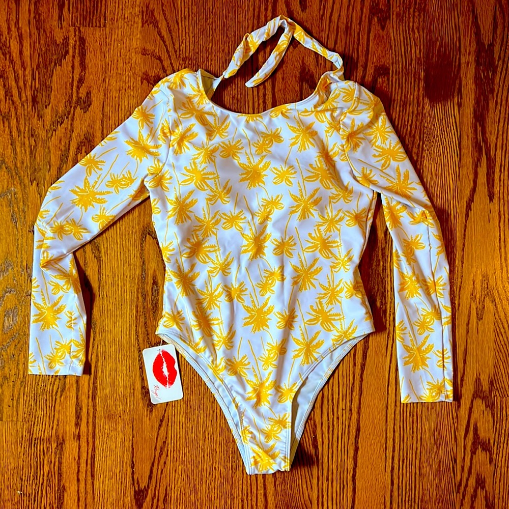 Yellow Palm Tree Long Sleeve Swimsuit / Rash Guard